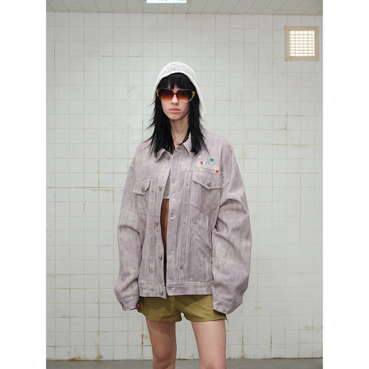 Unisex Boxy-Jeansjacke mit Acid‑Wash‑Effekt, Pattentaschen und floraler Bruststickerei Shop Nory