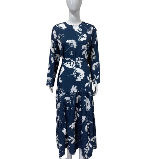Damen Langes Blumen-Tiered-Maxikleid mit Taillengürtel & Rundhalsausschnitt Shop Nory