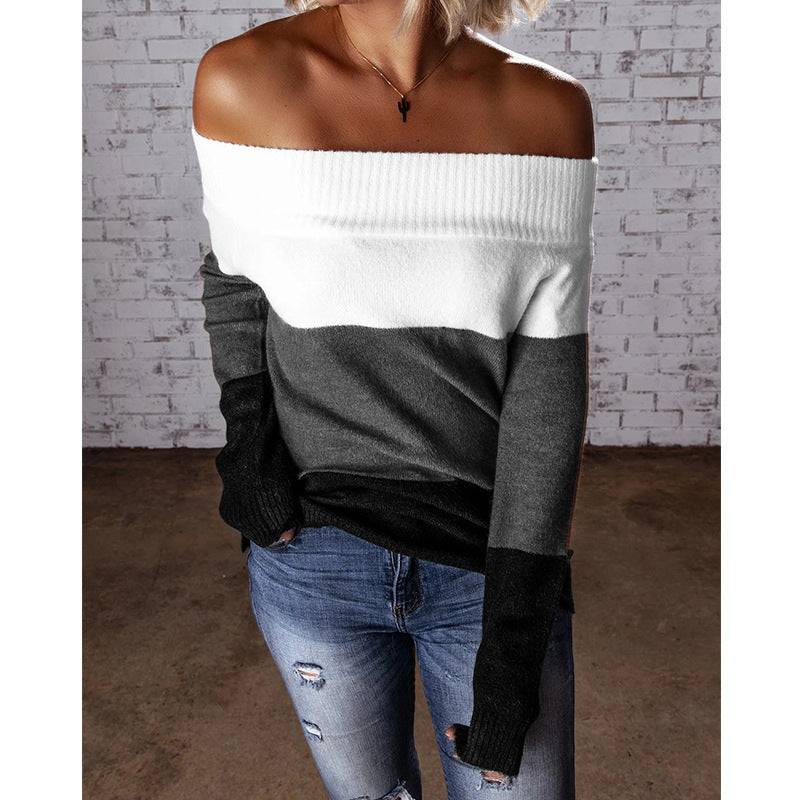 Damen Schulterfreier Colorblock-Strickpullover mit Umschlagkragen Shop Nory