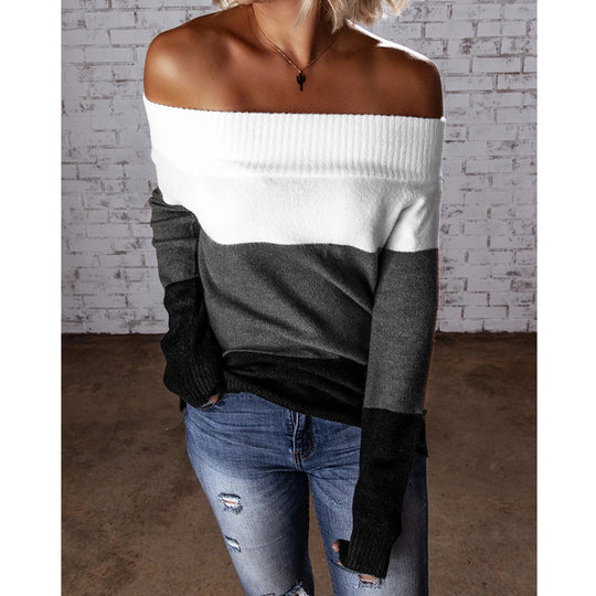 Damen Schulterfreier Colorblock-Strickpullover mit Umschlagkragen Shop Nory