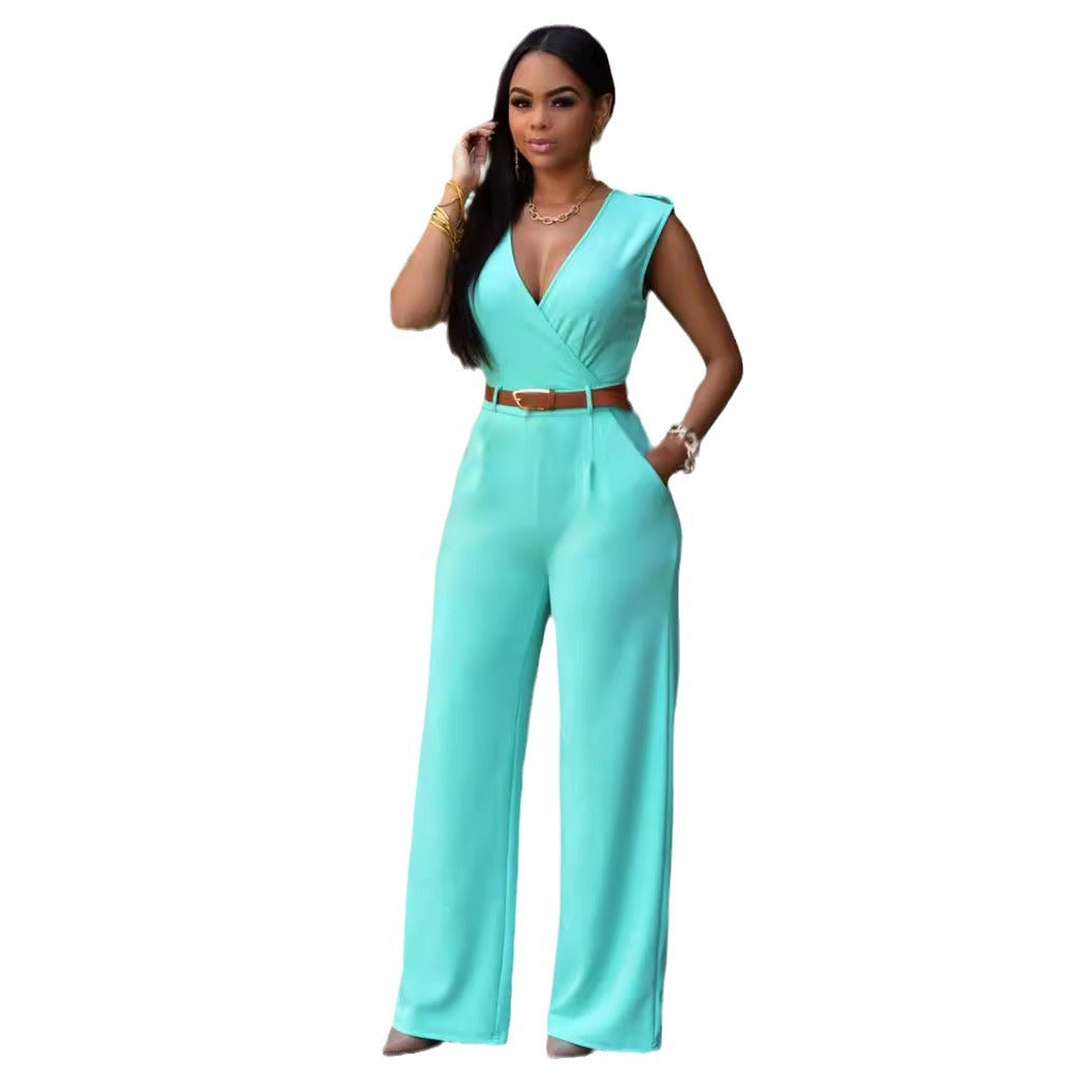 Damen Eleganter Wickel-Jumpsuit mit weitem Bein und Taillengürtel