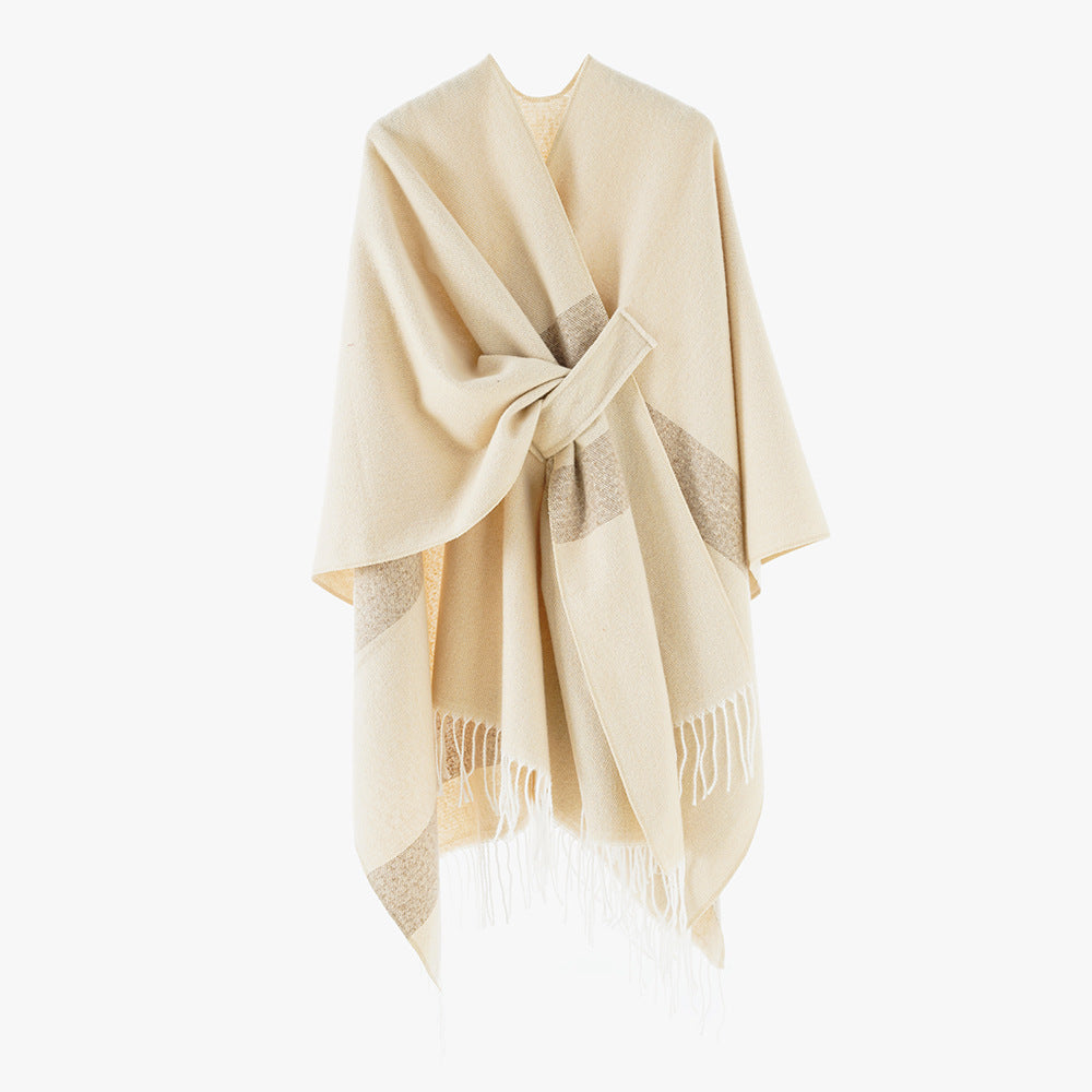 Damen Wollmix-Capeponcho mit Bindeschlaufen, weichgewebtem Oversize-Überwurf und Fransensaum Shop Nory