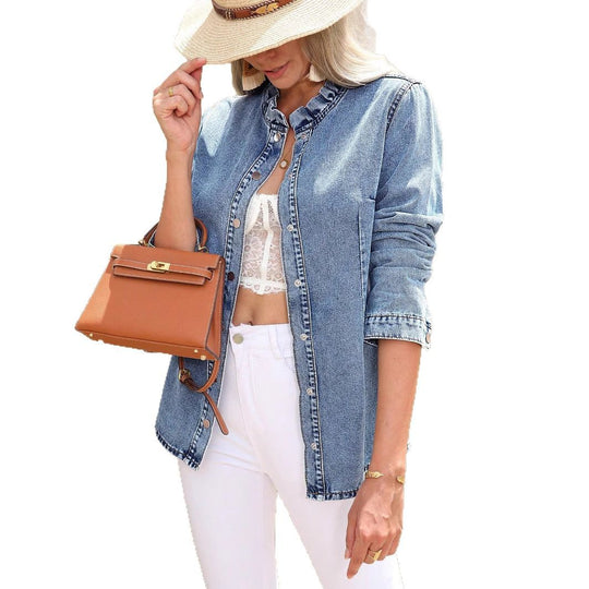 Damen Lässige lange Denim-Hemdjacke mit Stehkragen und Metallknopfleiste Shop Nory