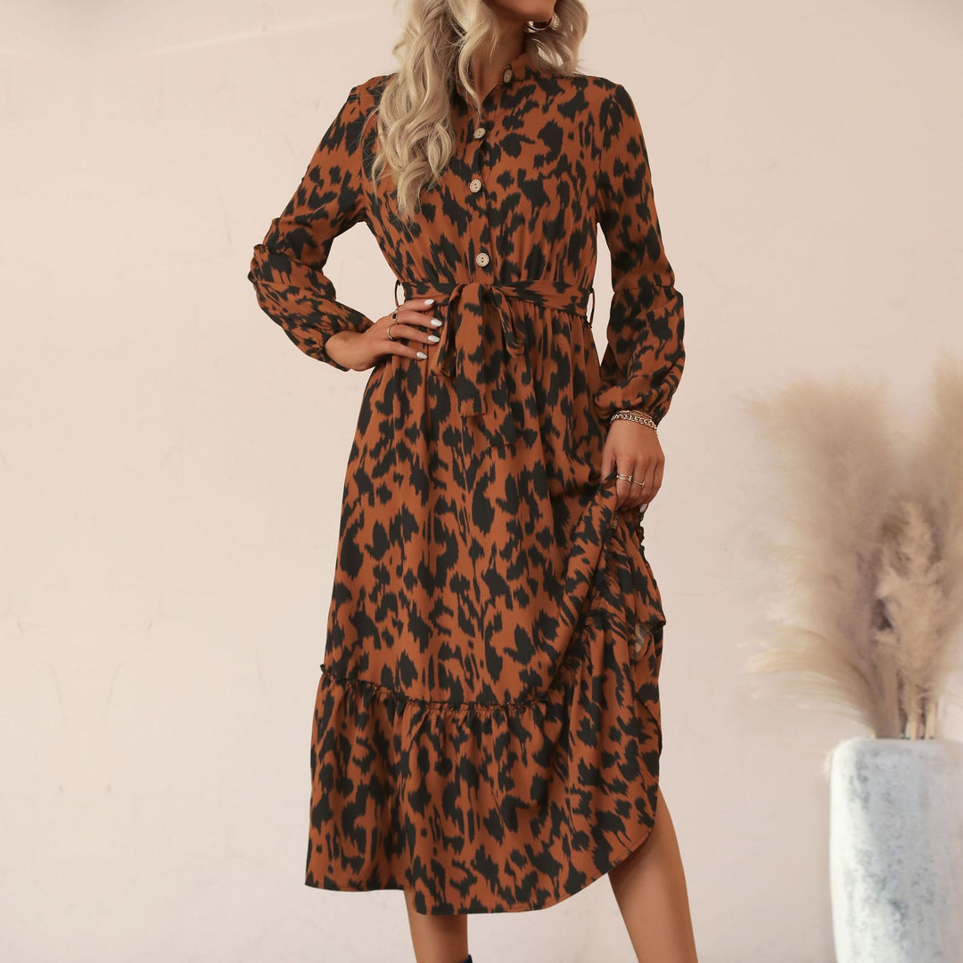 Damen Midikleid mit Animal-Print, Knopfleiste, Taillengürtel und Stufenrock Shop Nory