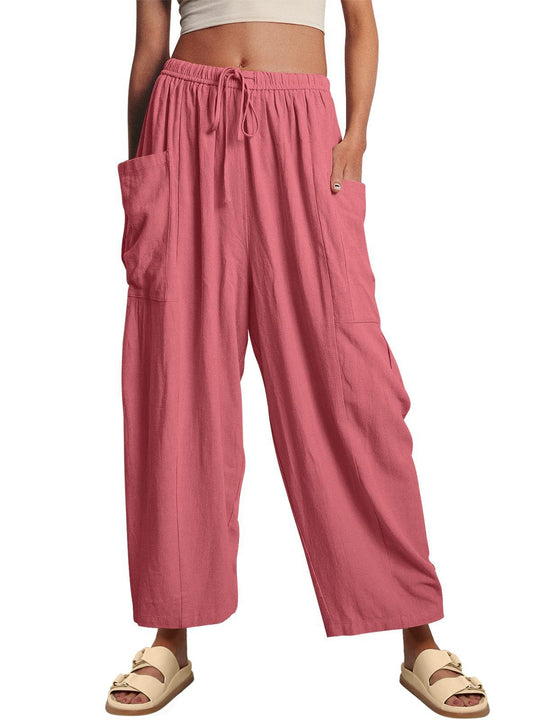 Damen Hochtaillierte Relaxed-Cargo-Hose aus Leinen-Mix mit Tunnelzug und aufgesetzten Taschen Shop Nory