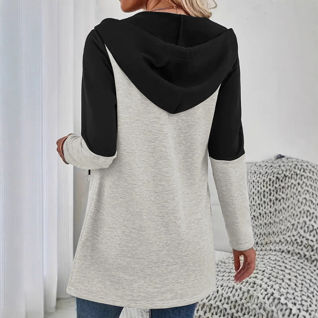 Damen Kapuzen-Sweatjacke mit Colorblock, Reißverschluss und lässiger Longline-Silhouette Shop Nory