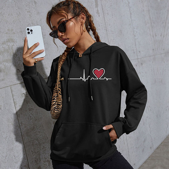 Damen Oversize-Kapuzenpullover mit Herz-EKG‑Print und Kängurutasche Shop Nory