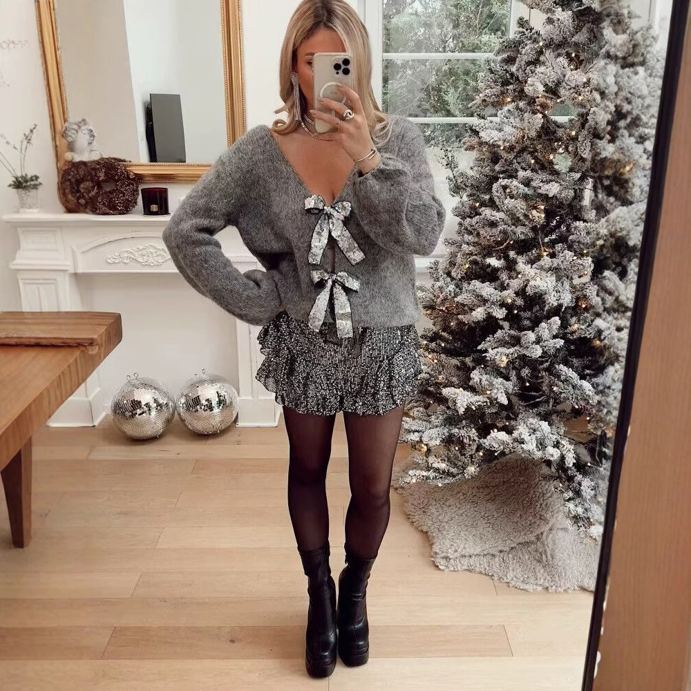 Damen Oversize-Strickcardigan mit V‑Ausschnitt und Pailletten‑Schleifen Shop Nory