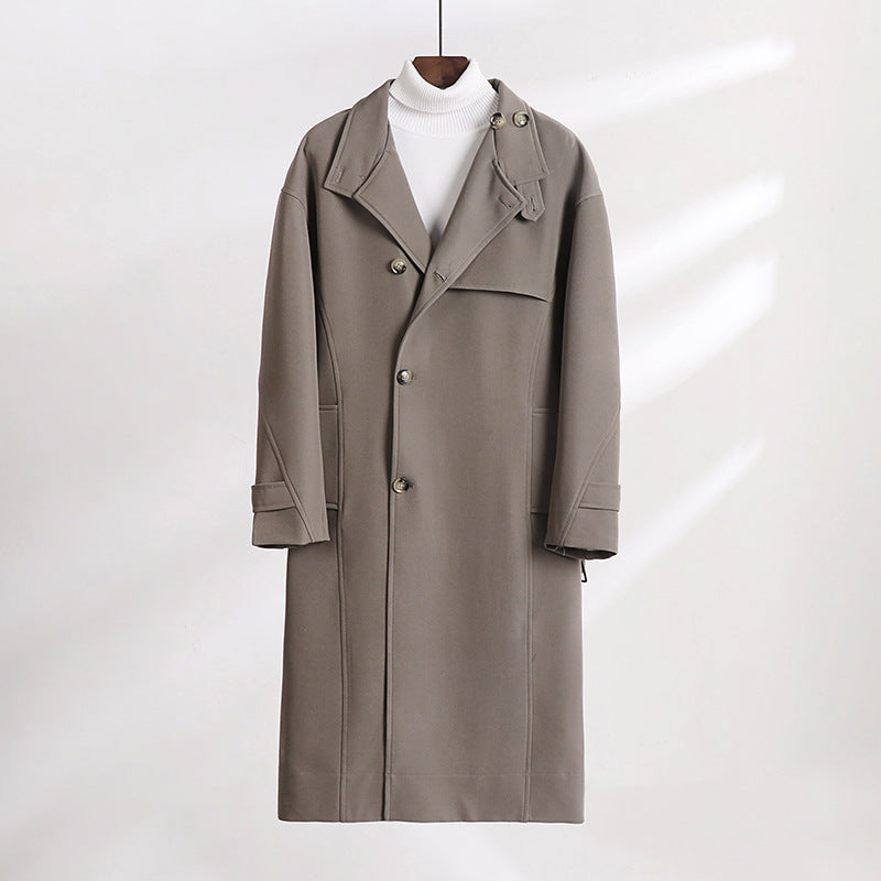 Herren Langgeschnittener Minimalistischer Trenchcoat mit Schalkragen und verstellbaren Ärmelriemen Shop Nory