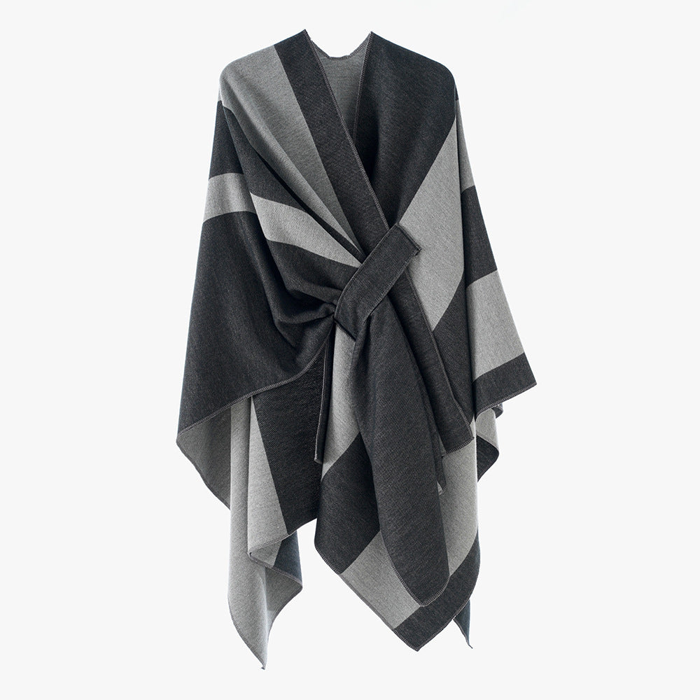 Damen Wickel‑Cape mit breitem Streifenmuster und Bindegürtel Shop Nory