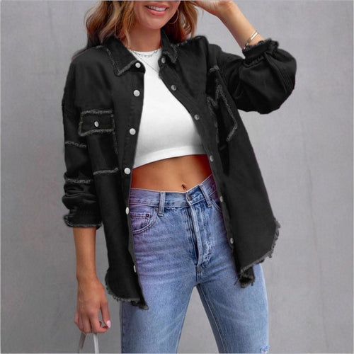 Damen Oversize-Denim-Utility-Hemdjacke mit ausgefransten Kanten und Pattentaschen Shop Nory