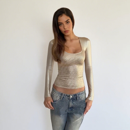 Damen schimmerndes Langarmshirt mit elegantem Rundhalsausschnitt und figurbetontem Schnitt