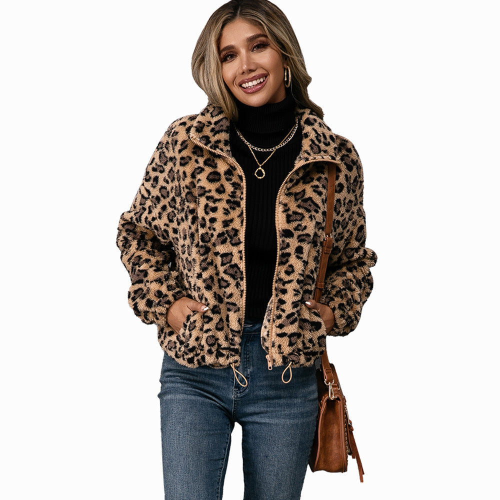 Damen Fleecejacke mit Leoparddruck und seitlichen Taschen