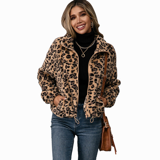 Damen Fleecejacke mit Leoparddruck und seitlichen Taschen