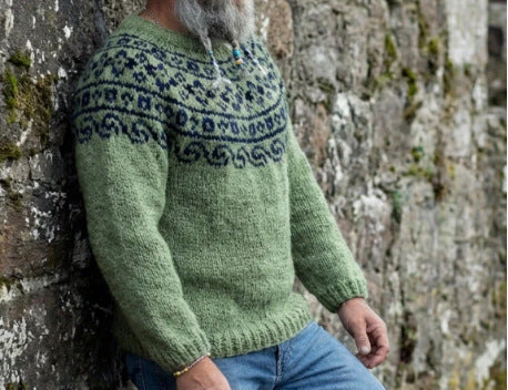 Damen nan melierter Rundhalsausschnittpullover mit kreisförmigem Jacquard-Yoke und geripptem Saum Shop Nory