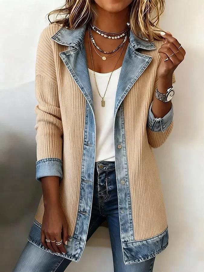 Damen Longline-Strickcardigan mit Jeanskragen und Saumbesatz Shop Nory