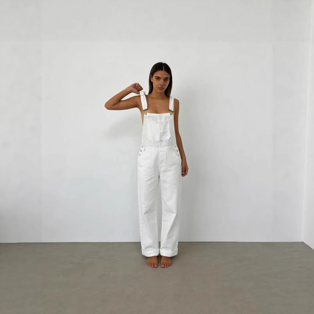 Damen Jeans Latzhose mit weitem Bein und tiefem Rückenausschnitt