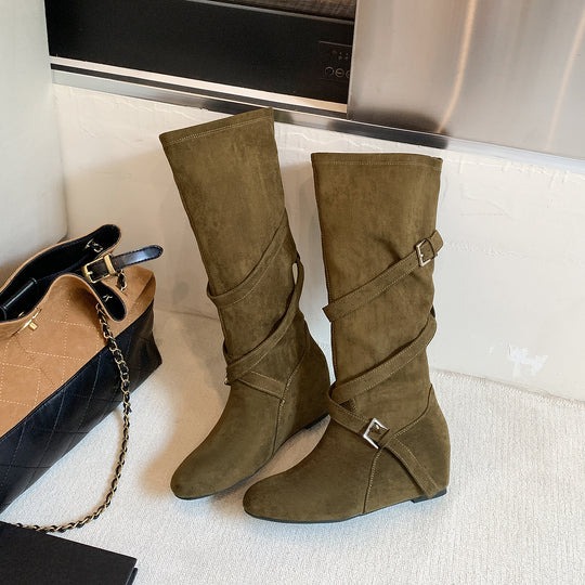 Damen Kniehohe Velourslederstiefel mit Wickelriemen und flachem Keilabsatz Shop Nory