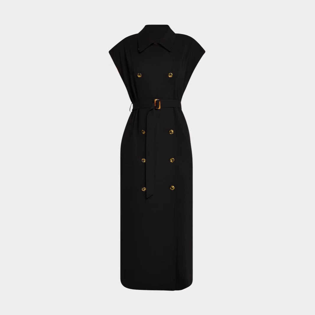 Damen Ärmelloses Doppelreiher-Midikleid mit Trench-Gürtel Shop Nory