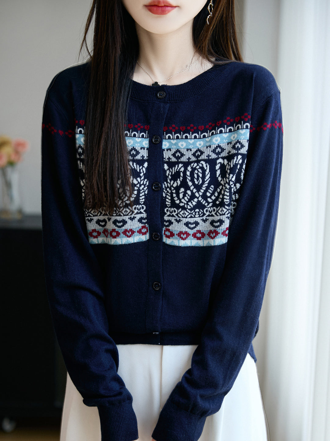 Damen Leichter Feinstrick-Cardigan mit nordischem Jacquardmuster und feiner Knopfleiste Shop Nory