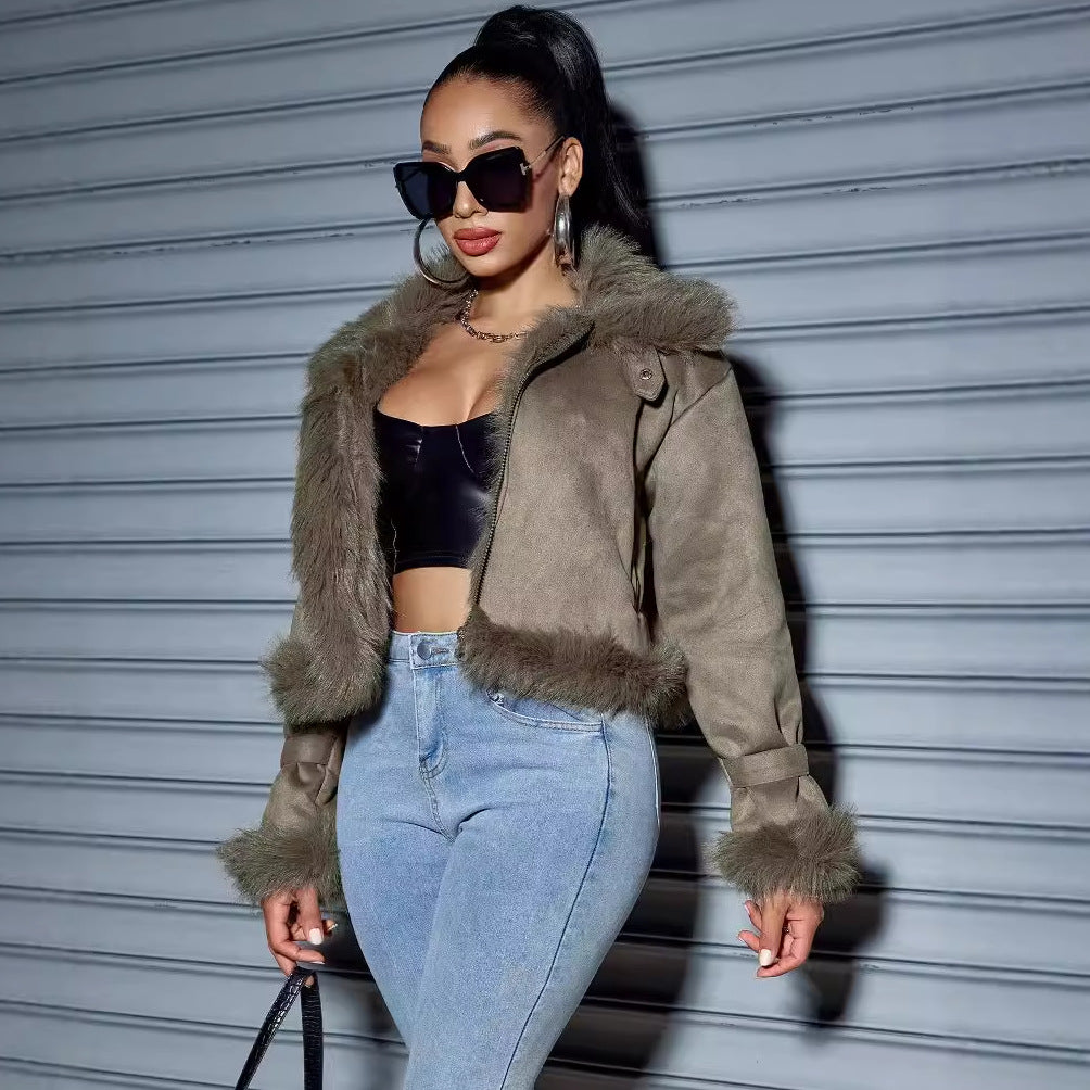 Damen Kurzjacke aus Wildlederoptik mit Fellbesatz, Kapuze & Reißverschluss Shop Nory