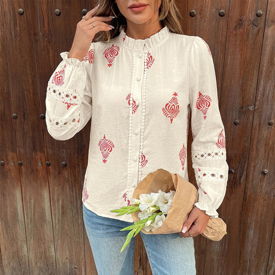 Damen Gemusterte Bluse mit Stehkragen, Zierknopfleiste und Häkelbesatz an Ärmeln Shop Nory