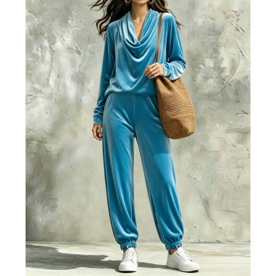 Damen Samt-Lounge-Set mit Wasserfallkragen und Jogger-Hose Shop Nory