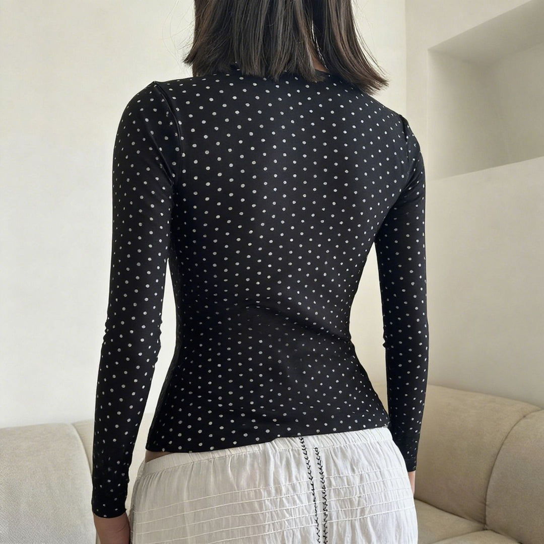 Damen nan taillierte Wickelbluse mit Polka‑Dot Muster, tiefem V‑Ausschnitt und breitem Taillenband Shop Nory