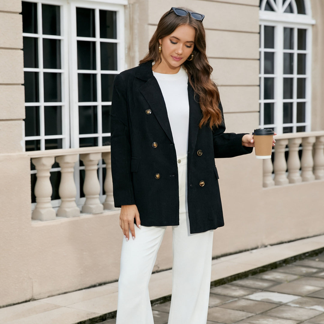 Damen Langer Cord-Blazer im Doppelreiher mit Reverskragen und Pattentaschen Shop Nory