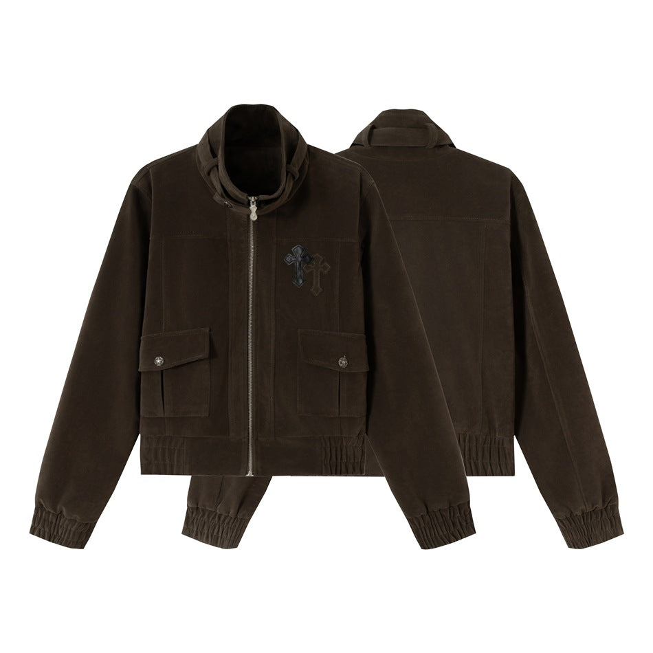 Herren Kurz geschnittener Velours‑Blousonjacke mit Funnelkragen, aufgesetzten Pattentaschen und Zierkreuz‑Applikation Shop Nory