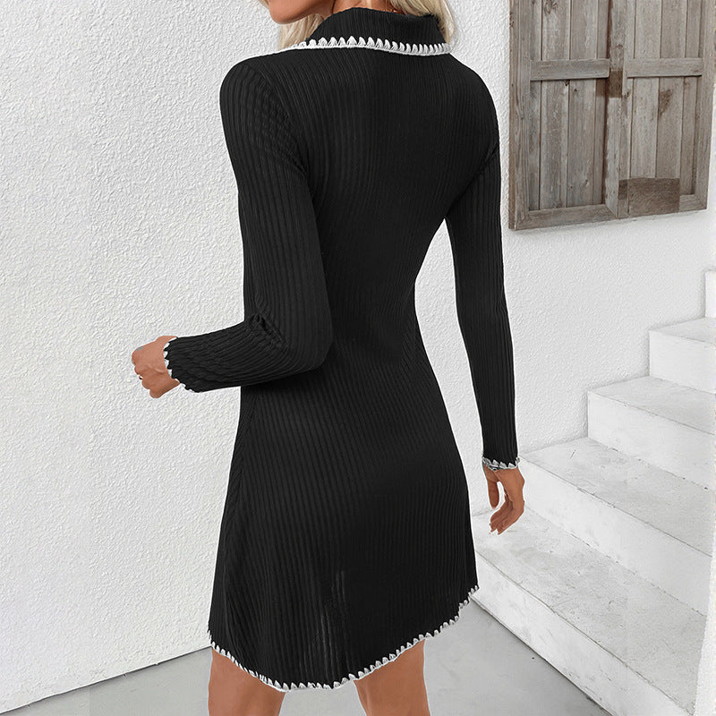 Damen Figurbetontes geripptes Polokleid mit Umschlagkragen und Zierborte Shop Nory