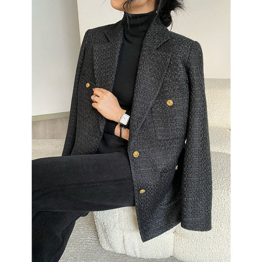 Damen Eleganter Tweed Blazer mit goldenen Knöpfen Shop Nory