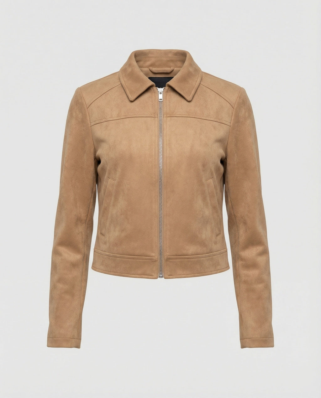 Damen Bekleidungsgeschäft kurz geschnittene Reißverschlussjacke mit Hemdkragen und taillierter Silhouette aus Wildlederimitat