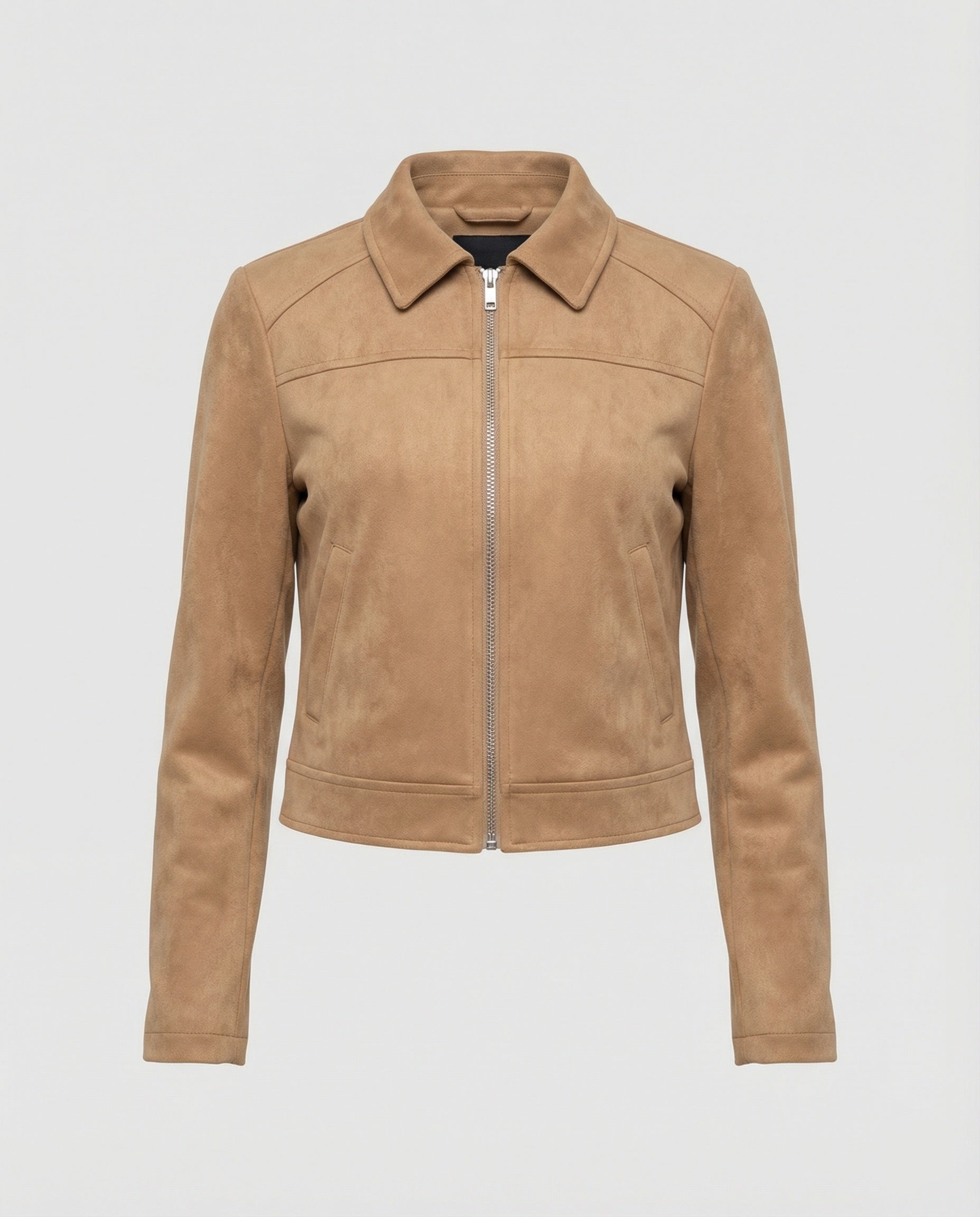 Damen Bekleidungsgeschäft kurz geschnittene Reißverschlussjacke mit Hemdkragen und taillierter Silhouette aus Wildlederimitat