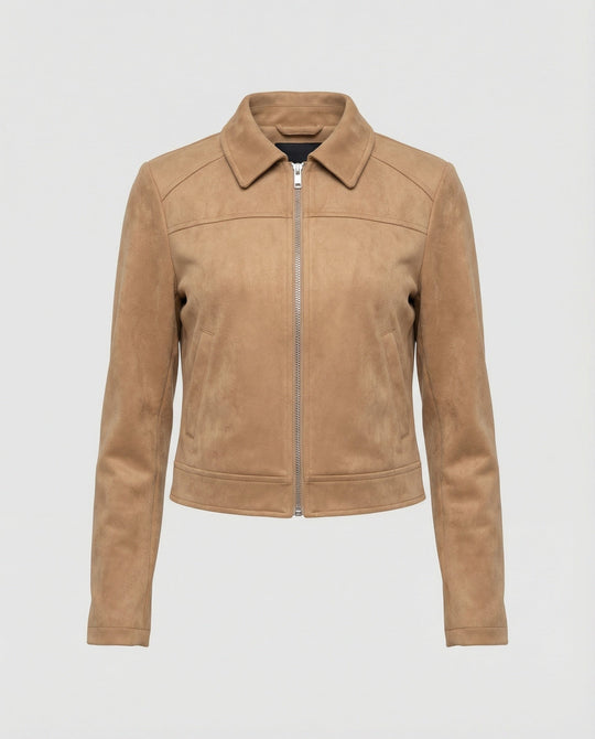 Damen Bekleidungsgeschäft kurz geschnittene Reißverschlussjacke mit Hemdkragen und taillierter Silhouette aus Wildlederimitat