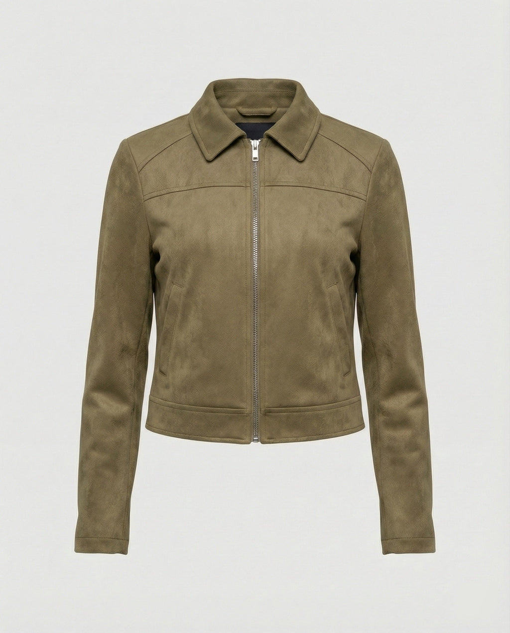 Damen Bekleidungsgeschäft kurz geschnittene Reißverschlussjacke mit Hemdkragen und taillierter Silhouette aus Wildlederimitat