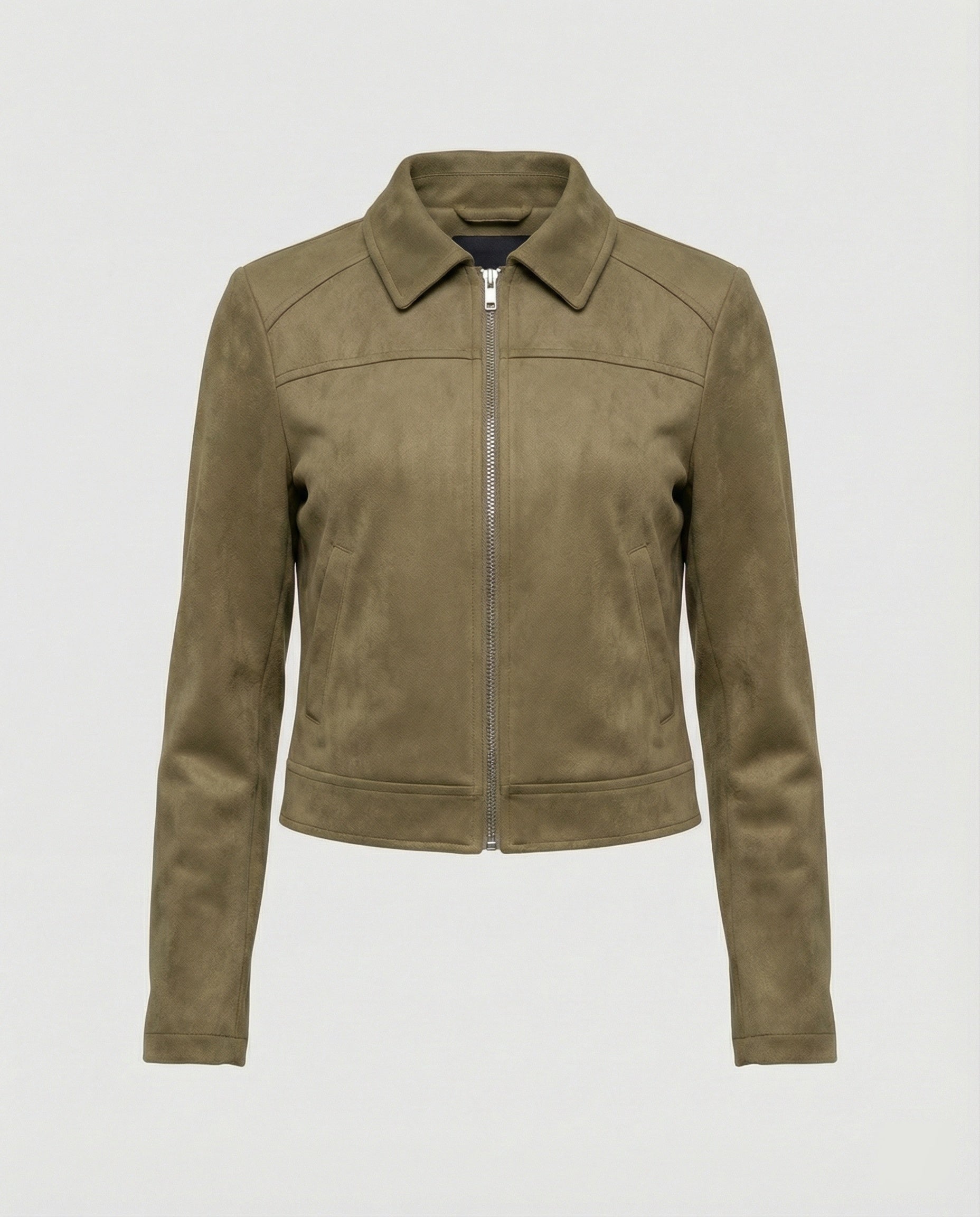 Damen Bekleidungsgeschäft kurz geschnittene Reißverschlussjacke mit Hemdkragen und taillierter Silhouette aus Wildlederimitat