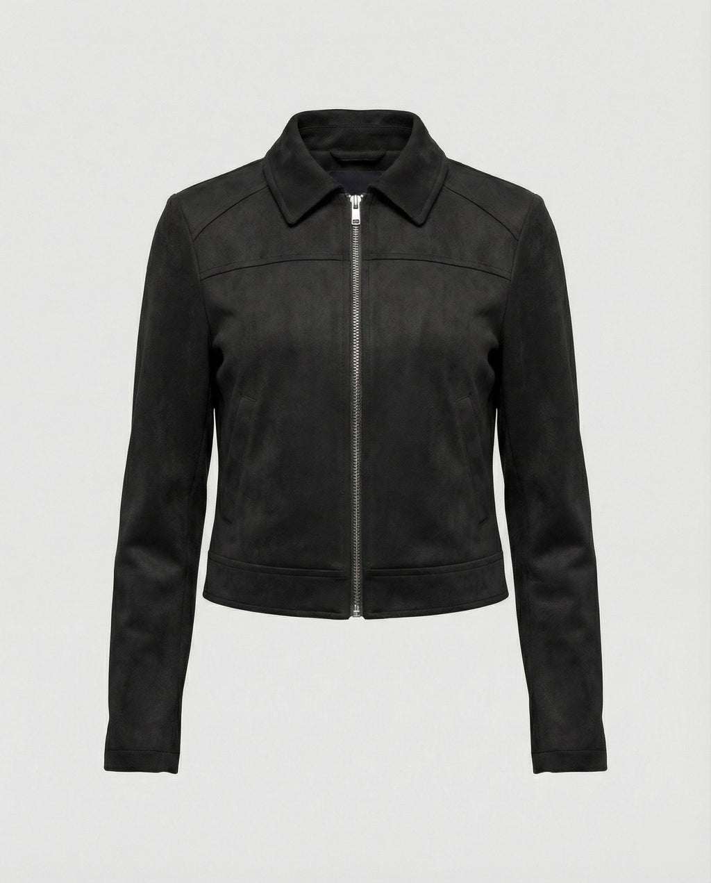 Damen Bekleidungsgeschäft kurz geschnittene Reißverschlussjacke mit Hemdkragen und taillierter Silhouette aus Wildlederimitat