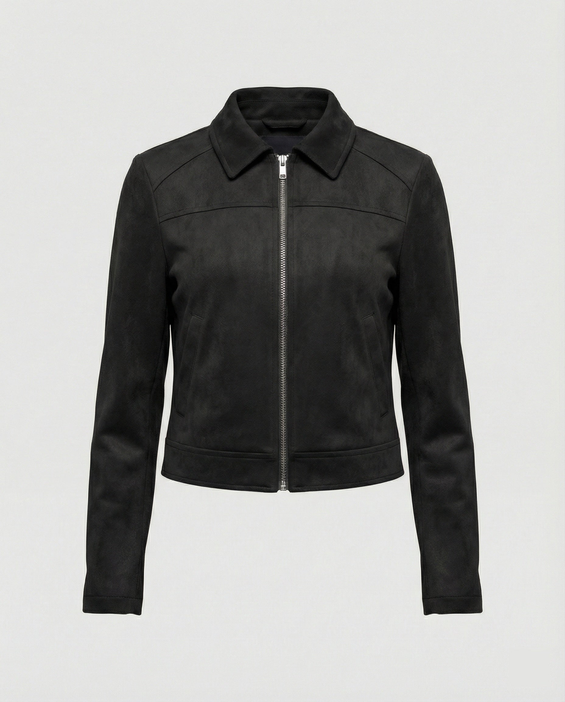 Damen Bekleidungsgeschäft kurz geschnittene Reißverschlussjacke mit Hemdkragen und taillierter Silhouette aus Wildlederimitat