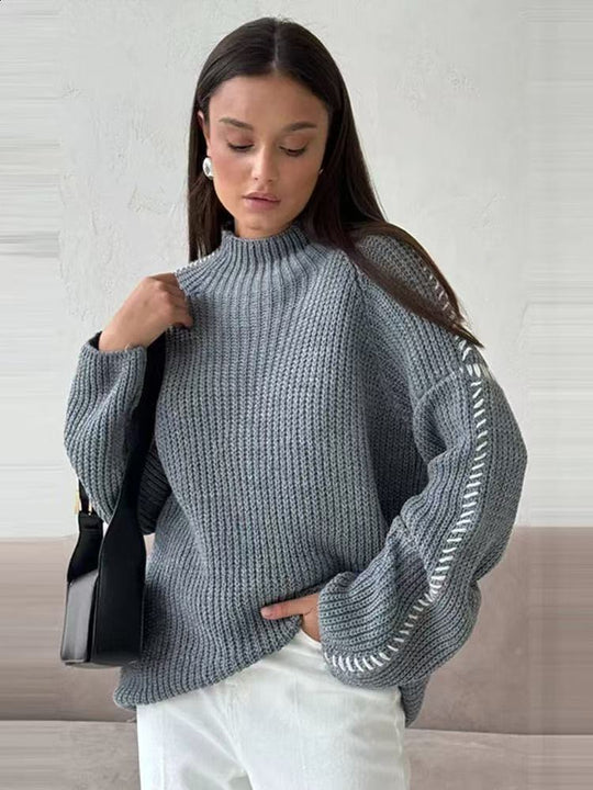 Damen Oversize-Strickpullover mit Stehkragen, Ballonärmeln und Ziernaht Shop Nory