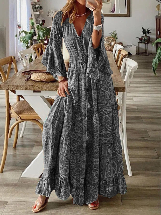 Damen Boho Maxikleid mit Paisley-Print, V-Ausschnitt, Stufenrock und Bindegürtel Shop Nory