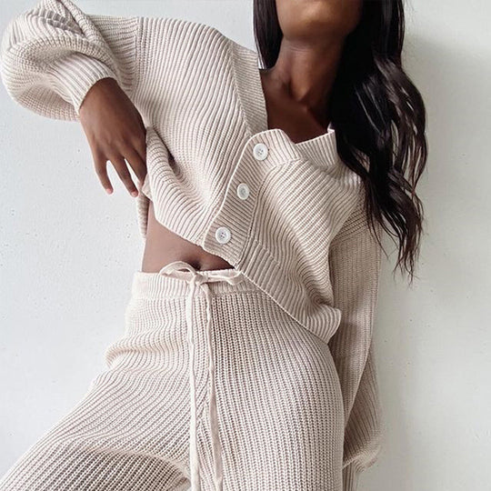 Damen geripptes Strick-Zweiteiler Set mit Cropped-Cardigan, Kordelzug-Hochbundhose und Komfortpassform Shop Nory