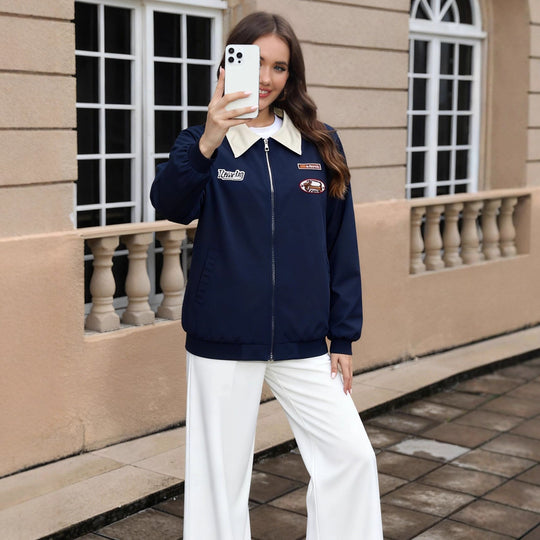 Damen Leichte Bomberjacke mit Kontrastkragen und Aufnähern Shop Nory