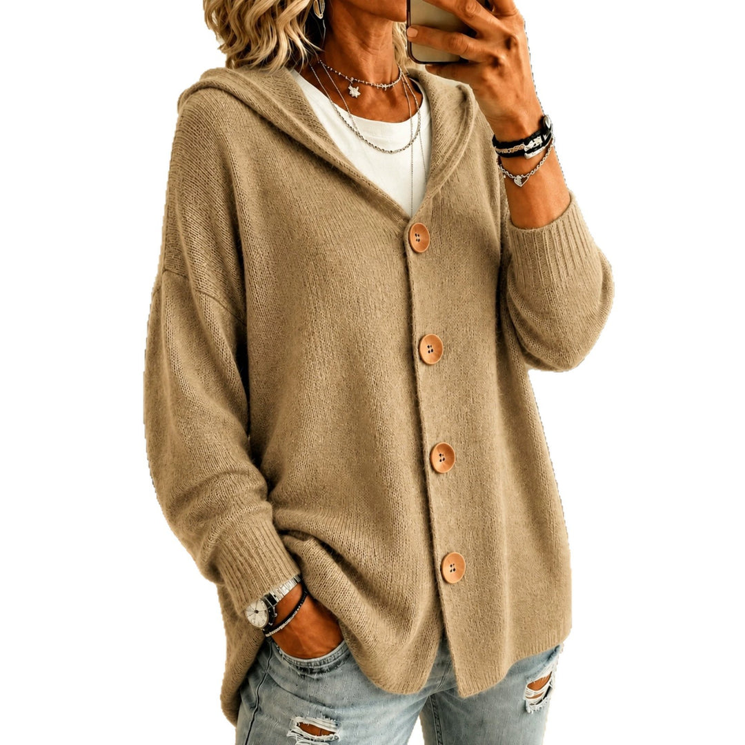 Damen Kapuzen-Cardigan Oversize mit Holzknöpfen und Rippbündchen Shop Nory