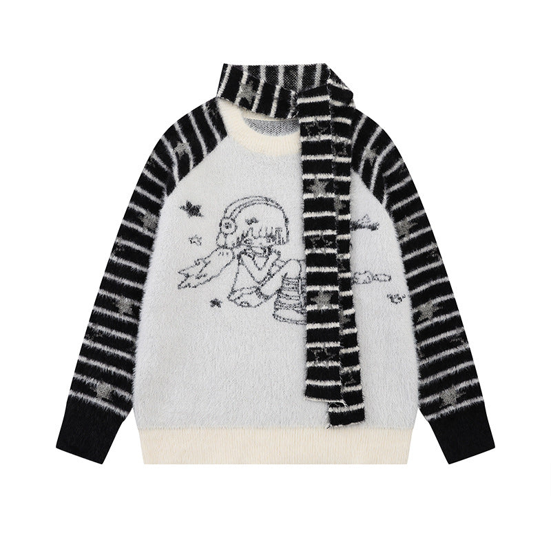 Damen Weicher Fluffy‑Strickpullover mit integrierter Schlauchschal und Manga‑Illustration Shop Nory