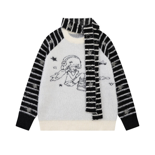 Damen Weicher Fluffy‑Strickpullover mit integrierter Schlauchschal und Manga‑Illustration Shop Nory