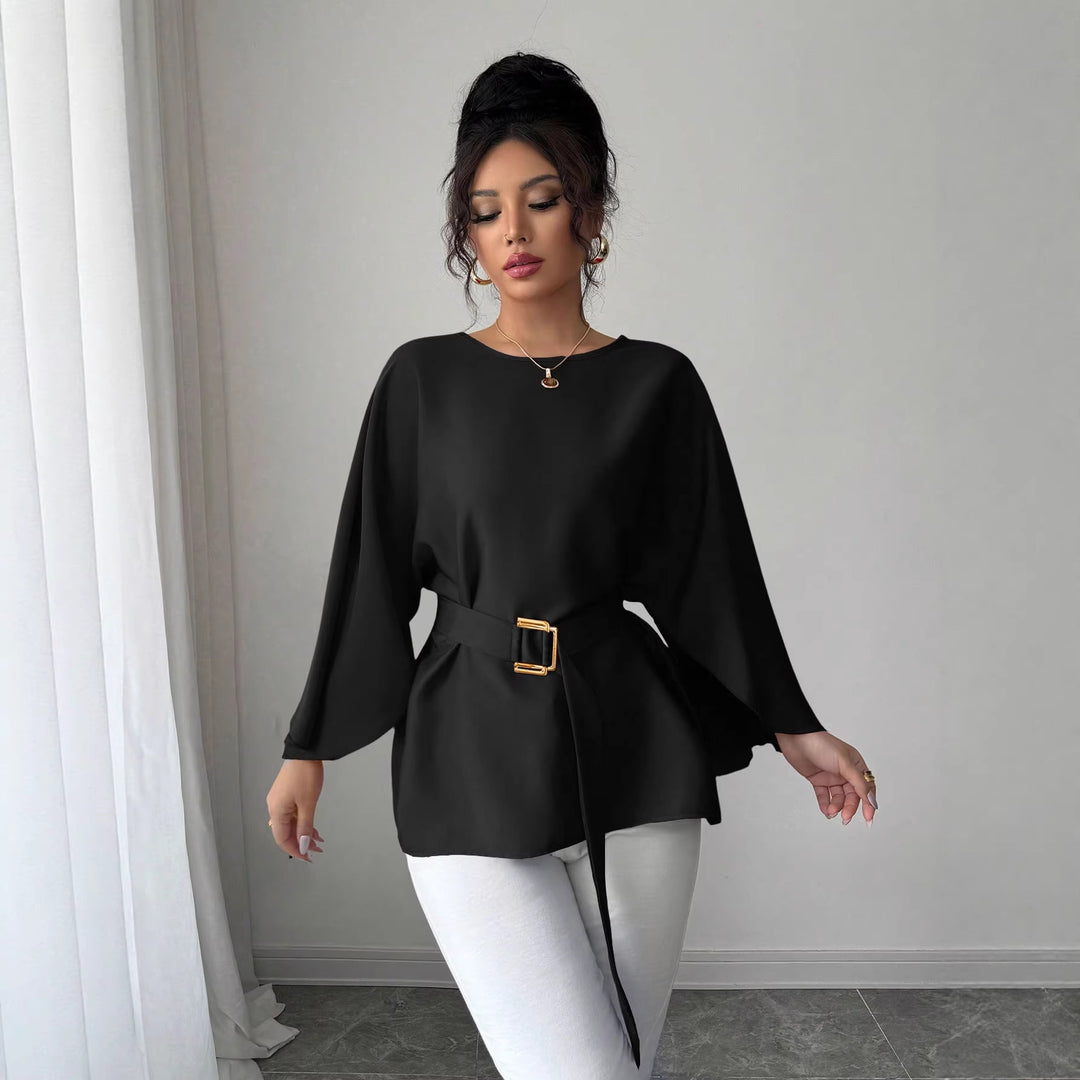 Damen Elegante Chiffon-Tunika mit Cape-Ärmeln und Taillengürtel Shop Nory