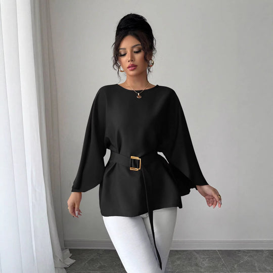 Damen Elegante Chiffon-Tunika mit Cape-Ärmeln und Taillengürtel Shop Nory