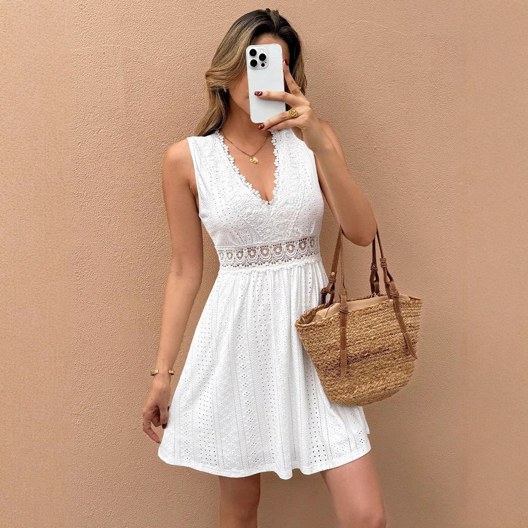 Damen Sommerliches Spitzenkleid mit V-Ausschnitt und Rüsche