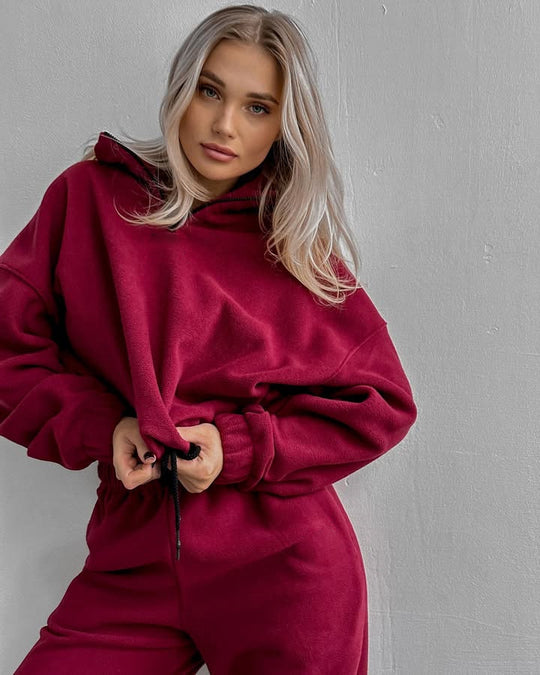 Damen Ultraweiches Fleece-Relaxset mit Stehkragen, halbem Reißverschluss und elastischer Schlupfhose Shop Nory